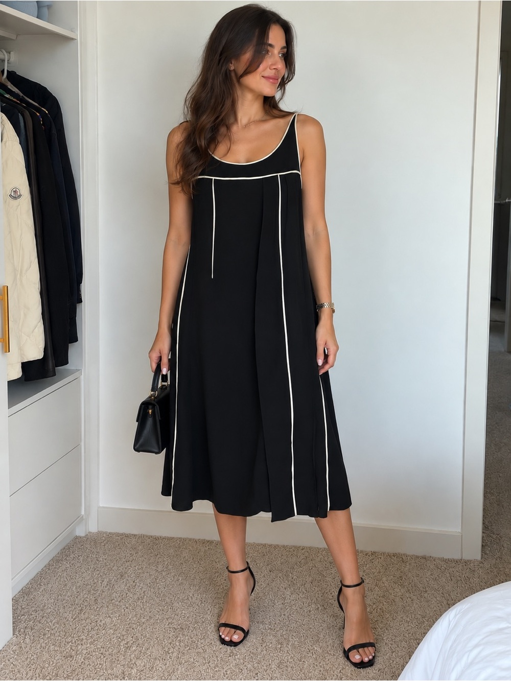 Prada Black Midi Dress with Cream Piping
